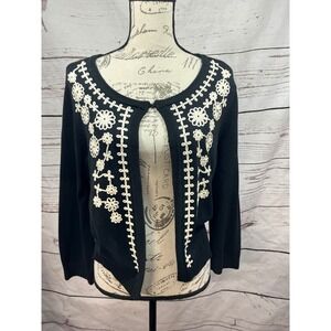 Charter Club Cardigan Sweater Black Floral Embroidered Cotton Blend Medium‎